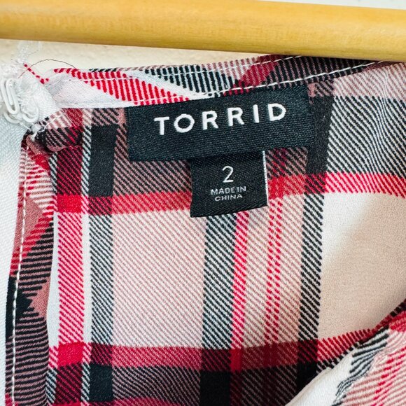 Torrid plaid popover blouse Womens 2 (2X) tie front red black white long sleeve - Picture 5 of 6